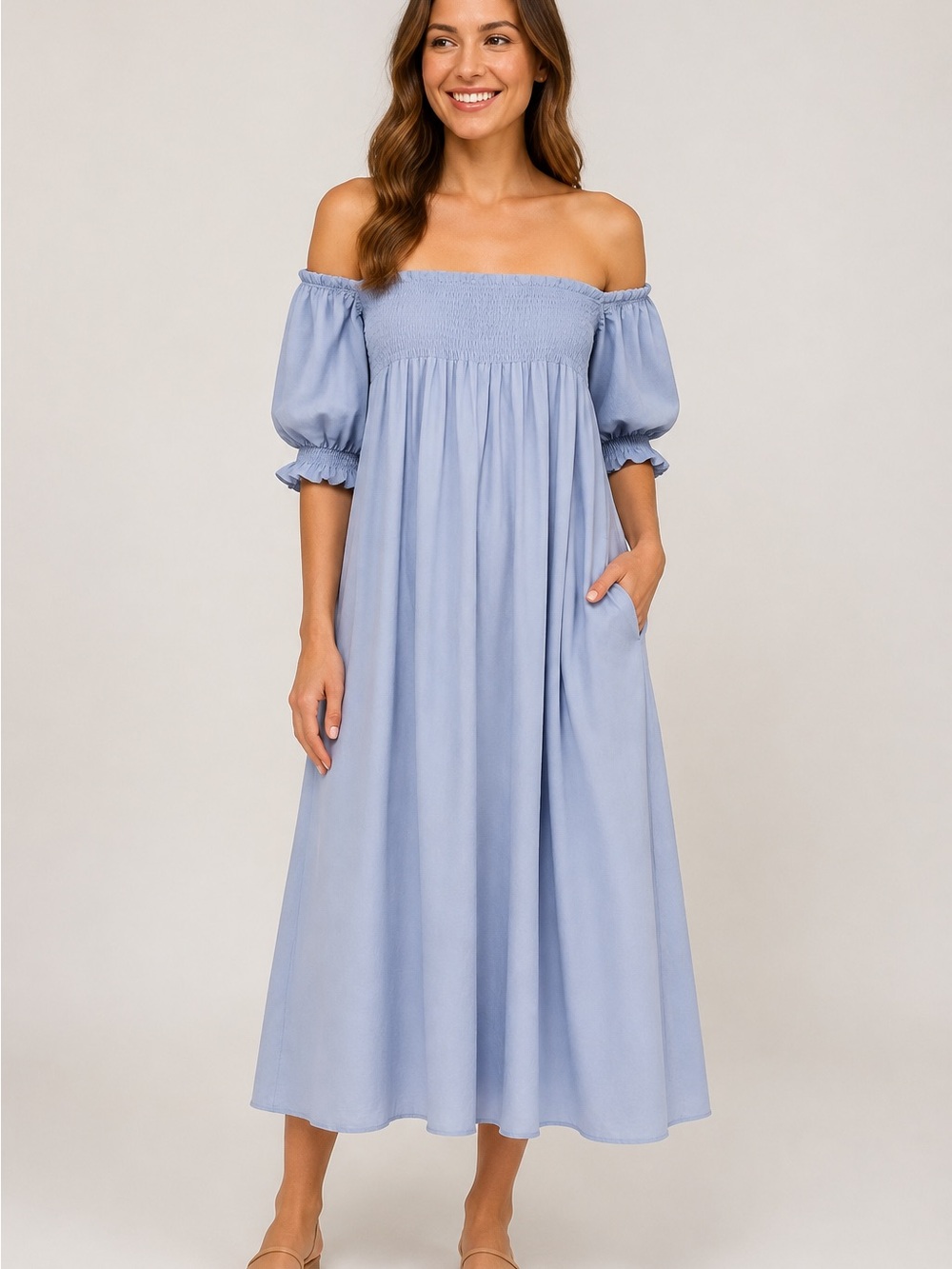 Off-Shoulder Smocked Midi Dress in Light Blue